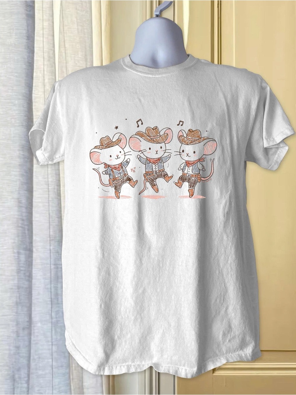 Gildan White Short Sleeve Tee with Dancing Cowboy Mice Graphic